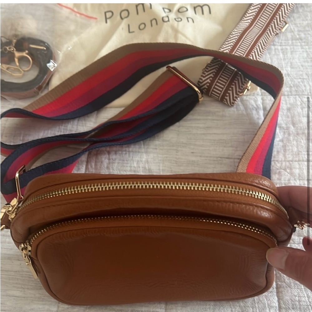 Pom Pom London Tan Leather Crossbody Bag with Striped Strap